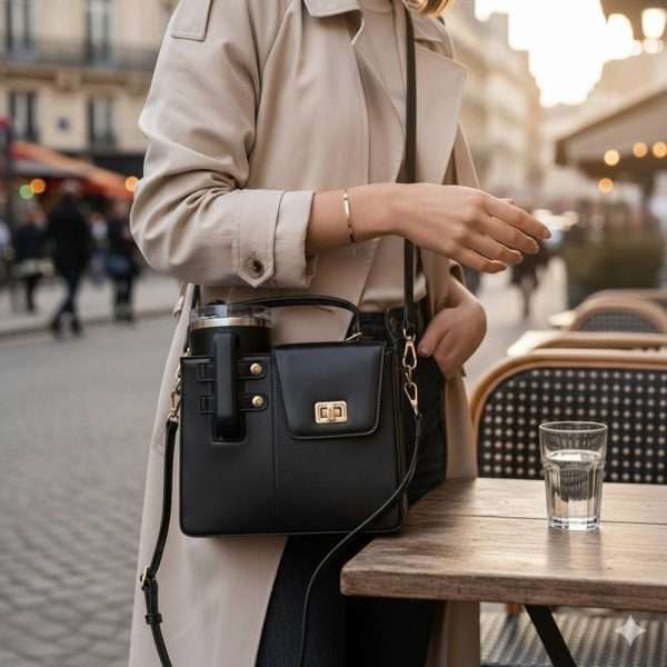 Elegant Black Crossbody Handbag with Gold Lock