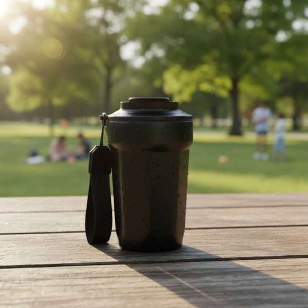 Double Wall Insulated Thermal Bottle with Carry Strap - Black