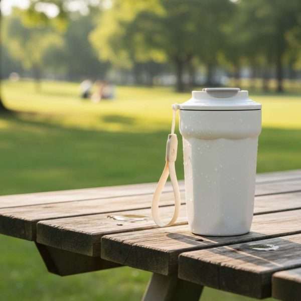 Double Wall Insulated Thermal Bottle with Carry Strap - White