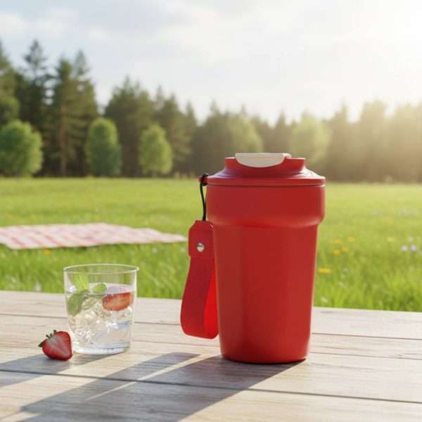 Double Wall Insulated Thermal Bottle with Carry Strap - Red