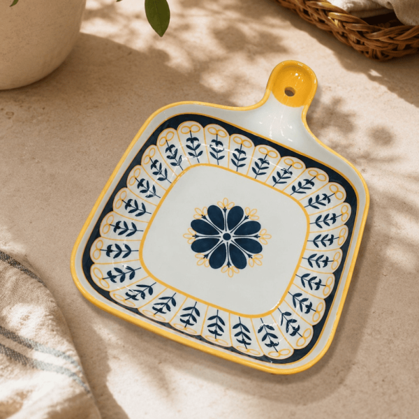 Floral Patterned Ceramic Serving Tray with Handle