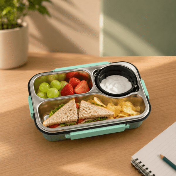3-Compartment Stainless Steel Leakproof Bento Lunch Box with Snack Cup