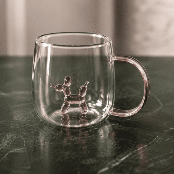 Double Wall Glass Coffee Mug with Balloon Dog Design
