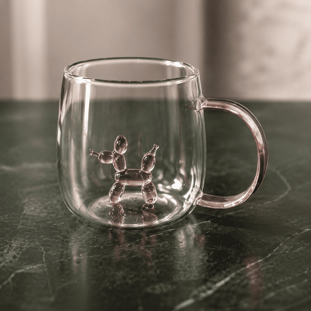 Double Wall Glass Coffee Mug with Balloon Dog Design
