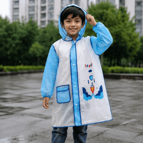 Kids Transparent Hooded Raincoat with Space Print